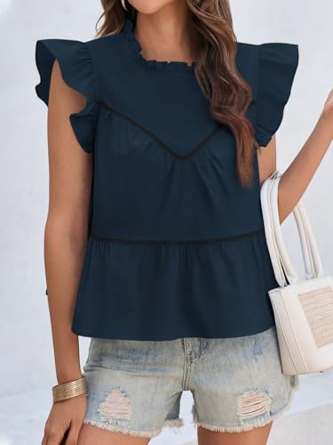 Womens Ruffle Babydoll Tank Tops Summer Cotton Peplum Mock Neck Blouses Trendy Casual Pleated Bow Shirts