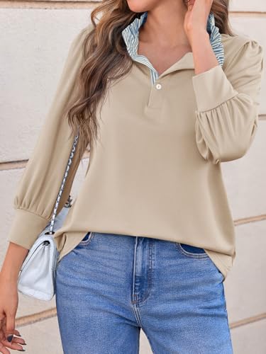 Womens 3/4 Length Puff Sleeve Tops Dressy Casual Ruffle V Neck Blouses Color Block Loose Fit Shirts