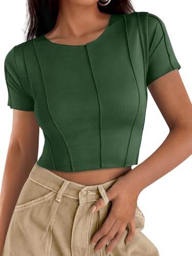 Womens Short Sleeve Crop Tops Summer Fitted Ribbed Knit Tee Shirts Trendy Casual Y2k Going Out Shirts