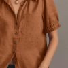 Womens Puff Short Sleeve Button Down Shirts Summer Casual Collared V Neck Blouse Linen Loose Fit Work Tops
