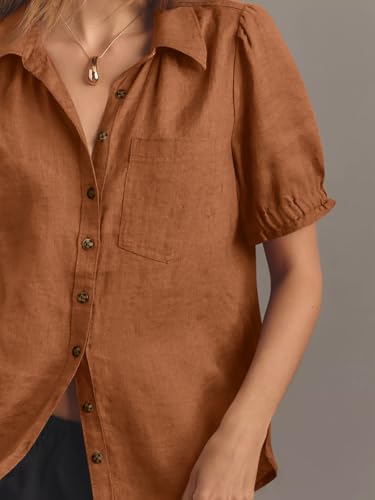 Womens Puff Short Sleeve Button Down Shirts Summer Casual Collared V Neck Blouse Linen Loose Fit Work Tops