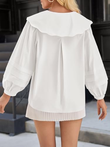 Womens Peter Pan Collar Shirts Long Puff Sleeve Cotton Blouses Trendy Casual Loose Fit Tops