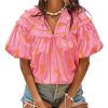 Womens Summer Babydoll Tops Short Lantern Sleeve Bow Print Blouse V Neck Pleated Casual Cute Tee Shirts