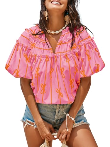 Womens Summer Babydoll Tops Short Lantern Sleeve Bow Print Blouse V Neck Pleated Casual Cute Tee Shirts