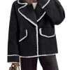 Womens Cropped Wool Jacket Embroidered Contrast Trims Blazer Fall Short Pea Coat with Pockets