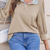 Womens 3/4 Length Puff Sleeve Tops Dressy Casual Ruffle V Neck Blouses Color Block Loose Fit Shirts