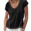 Womens Cropped Scoop Neck Tshirts Summer Cap Short Sleeve Exposed Seam Tops Casual Loose Fit Cotton Tee Shirts