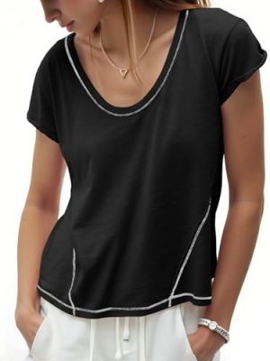 Womens Cropped Scoop Neck Tshirts Summer Cap Short Sleeve Exposed Seam Tops Casual Loose Fit Cotton Tee Shirts
