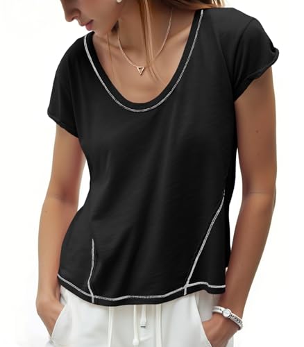 Womens Cropped Scoop Neck Tshirts Summer Cap Short Sleeve Exposed Seam Tops Casual Loose Fit Cotton Tee Shirts