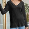 Womens Long Sleeve Tops Trendy V Neck Ribbed Lightweight Shirts Dressy Casual Loose Fit Blouses