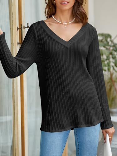 Womens Long Sleeve Tops Trendy V Neck Ribbed Lightweight Shirts Dressy Casual Loose Fit Blouses