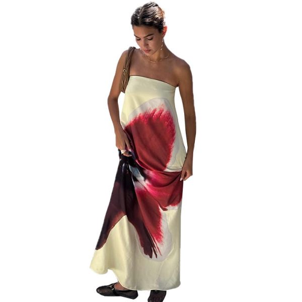 Women's Sexy Strapless Floral Print Maxi Dress Off Shoulder Back Buckle Belt Dresses for Summer Holiday Beachwear