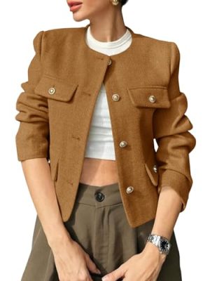 Womens Cropped Tweed Blazers Jacket Collarless Button Down Business Casual 2025 Fall Outfits Winter Coats