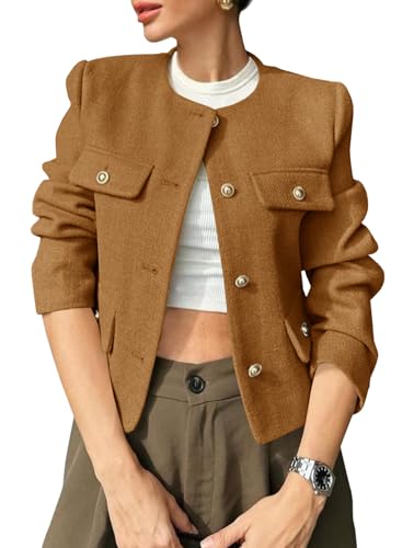 Womens Cropped Tweed Blazers Jacket Collarless Button Down Business Casual 2025 Fall Outfits Winter Coats