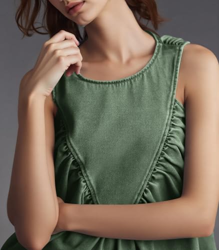 Womens Babydoll Peplum Denim Tank Tops Loose Fit Swing Flowy Shirred Sleeveless T Shirts Going Out Cute Tees