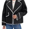 Womens Cropped Wool Jacket Embroidered Contrast Trims Blazer Fall Short Pea Coat with Pockets