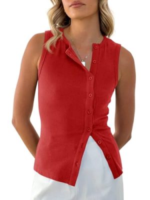 Womens Button Down Tank Tops Summer Sleeveless Vest Tops Trendy Ribbed Fitted Going Out Shirts