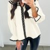 Womens Ruffle Puff Sleeve Blouse V Neck Trim Shirts Trendy Casual Loose Fit Tops