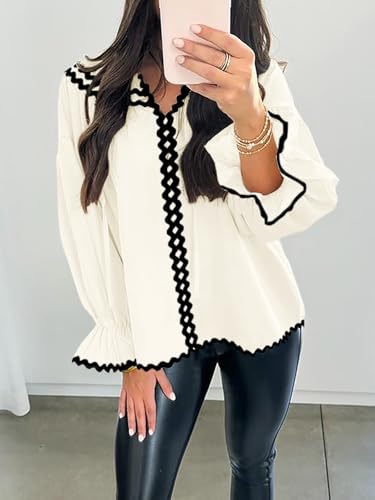 Womens Ruffle Puff Sleeve Blouse V Neck Trim Shirts Trendy Casual Loose Fit Tops