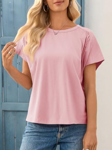 Womens Batwing Short Sleeve T Shirts Summer Pleated Casual Crew Neck Tunic Tops Loose Fit Basic Tees