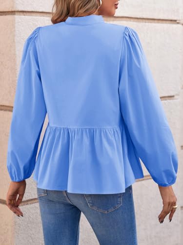 Womens Puff Long Sleeve Peplum Blouses Babydoll V Neck Ruffle Tops Cute Cotton Loose Fit Shirts