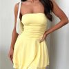 Women Sexy Ruched Strapless Tube Mini Dress Sleeveless Backless Tiered Layered Ruffle Hem A-Line Short Dress