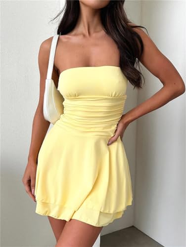 Women Sexy Ruched Strapless Tube Mini Dress Sleeveless Backless Tiered Layered Ruffle Hem A-Line Short Dress