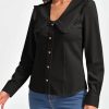 Womens Peter Pan Collar Shirts Summer Button Down Long Sleeve Tops Dressy Casual Cute Blouses Black