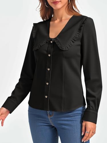 Womens Peter Pan Collar Shirts Summer Button Down Long Sleeve Tops Dressy Casual Cute Blouses Black