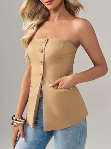 414Vmnc7h8L.jpg Womens Strapless Blazer Vest Summer Sleeveless Fitted Tube Tops Trendy Button Down Work Suit Tops