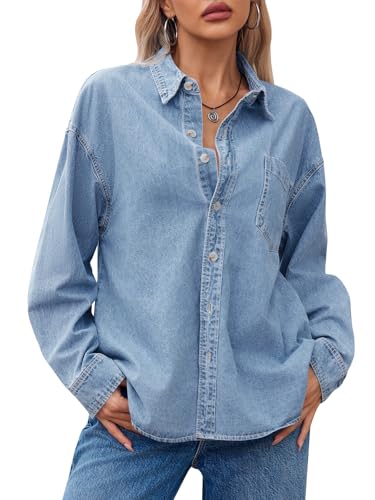 Womens Oversized Denim Shirt Jean Jacket 2025 Fall Fashion Button Down Shirts Long Sleeve Tops Trendy Shackets