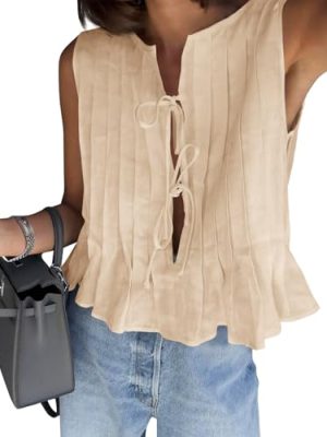 Womens Bow Front Tie Tank Tops Pleated Babydoll Top Sleeveless Cute Coquette Shirt Summer Outfits