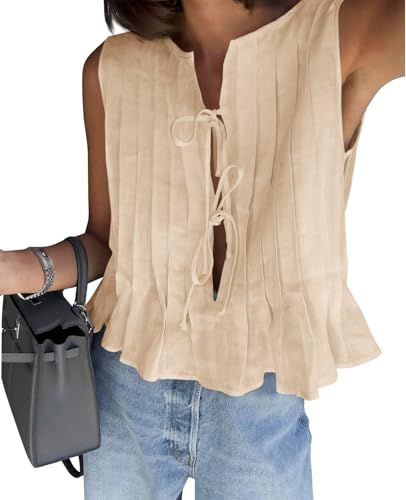 Womens Bow Front Tie Tank Tops Pleated Babydoll Top Sleeveless Cute Coquette Shirt Summer Outfits