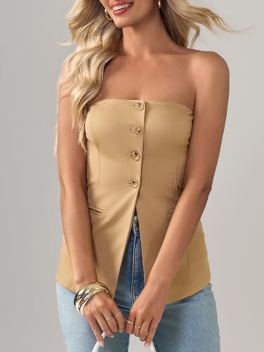 414fy-F3jPL.jpg Womens Strapless Blazer Vest Summer Sleeveless Fitted Tube Tops Trendy Button Down Work Suit Tops