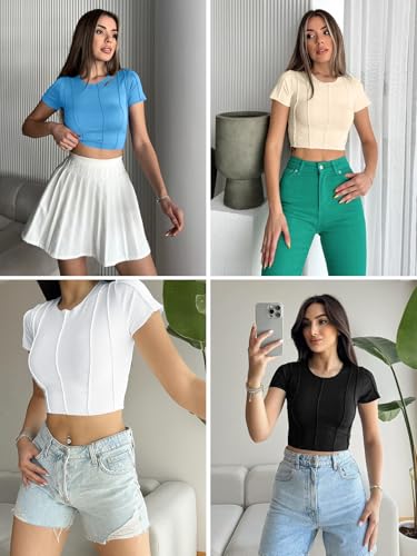 Womens Short Sleeve Crop Tops Summer Fitted Ribbed Knit Tee Shirts Trendy Casual Y2k Going Out Shirts
