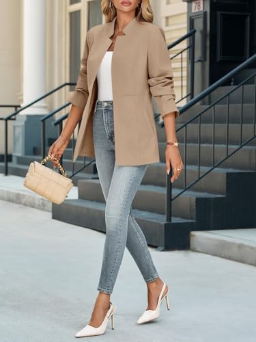 Womens Business Casual Blazer Long Sleeve Open Front Notch Stand Collar Blazer Work Office Jacket Suit