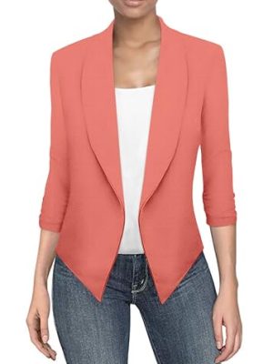 Lightweight Open Front Cardigan Classic Ruched Sleeve Work Office Blazer Suit Jackets