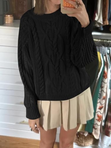 Womens Oversized Cable Knit Sweaters Crew Neck Long Sleeve Fall Chunky Pullover Casual Loose Fit Sweater Tops