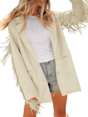 Womens Faux Suede Fringe Jacket Casual Blazer Long Sleeve Lapel Button Front Suit Jackets