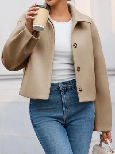 Womens Cropped Pea Coat Casual Button Down Short Jackets Fall Winter Outerwear