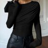 Womens Long Sleeve Pleated Tops Fall Crew Neck Fitted Shirts Y2k Going Out Casual Ruched Blouse