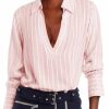 Womens Deep V Neck Blouse Casual Striped Long Sleeve Loose Fit Work Shirt Tops