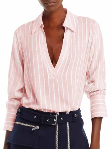 Womens Deep V Neck Blouse Casual Striped Long Sleeve Loose Fit Work Shirt Tops