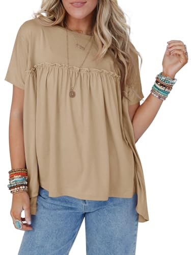 Women Summer Babydoll Tops Pleated Short Sleeve Crew Neck Peplum Blouse Casual Loose Fit T Shirts