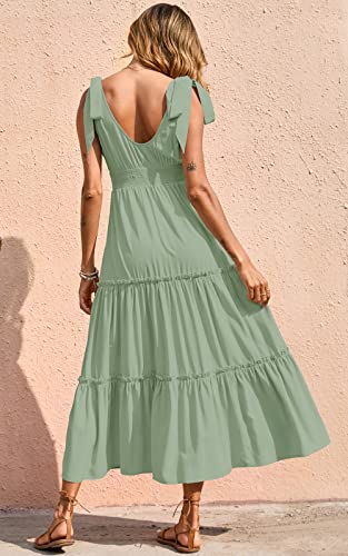 Women's Cross Neck Summer Sleeveless Tiered Maxi Dress Beach Tie Strap Smocked Long Dresses Pleated Sundress