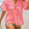 Womens Summer Babydoll Tops Short Lantern Sleeve Bow Print Blouse V Neck Pleated Casual Cute Tee Shirts