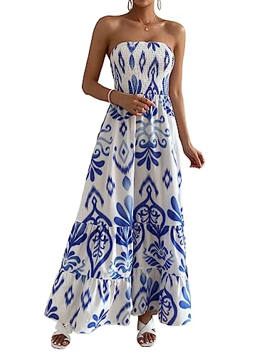 Womens Summer Dresses Allover Print Ruffle Hem Tube A-Line Maxi Dress
