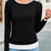Womens Long Sleeve Tops Patchwork Crewneck Slim Fit Shirts Going Out Casual Fall Basic Tees