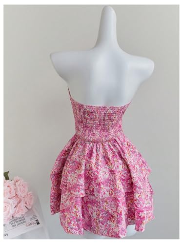 Women's Summer Boho Strapless Tube Floral Dress Tie Knot Shirred Bust Layered Ruffle Hem Smocked Vacation Dresses