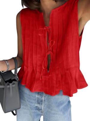 Womens Bow Front Tie Tank Tops Pleated Babydoll Top Sleeveless Cute Coquette Shirt Summer Outfits